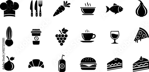Silhouette icons of cooking utensils and ingredients for kitchen design