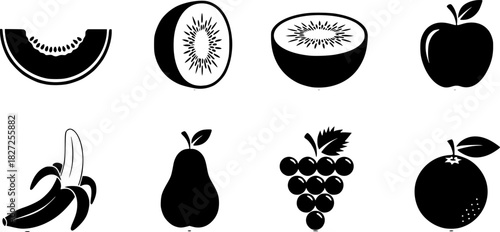 Fruit icon set: modern silhouette style featuring melon, kiwi, banana, and more