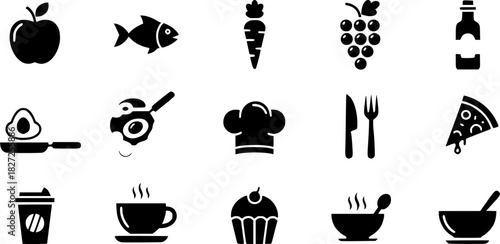 Silhouette icons of cooking utensils and ingredients for kitchen design