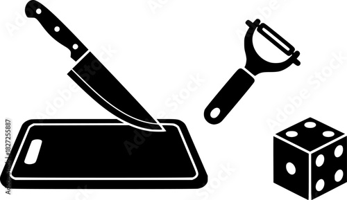 Kitchen utensils silhouette set featuring knife, cutting board, dice, and peeler