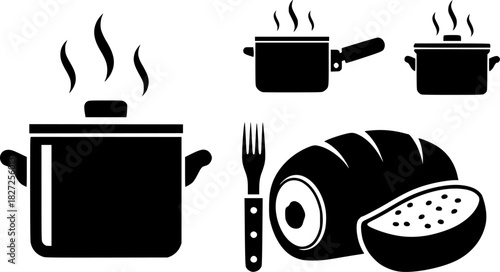 Set of black cooking icons with steam and food silhouettes