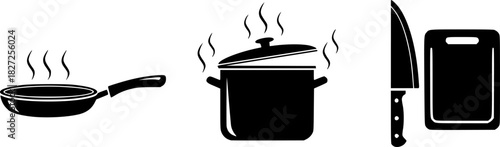 Silhouette kitchen icons: cooking, steaming, and cutting utensils