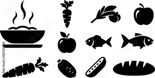 Set of black cooking icons with steam and food silhouettes