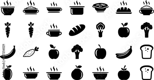 Set of black cooking icons with steam and food silhouettes