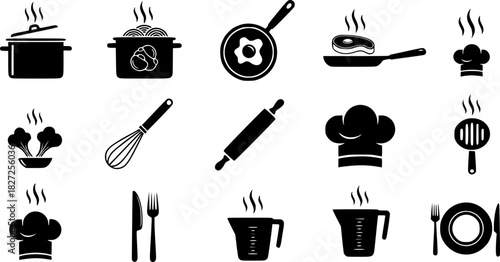 Set of black cooking icons with steam and food silhouettes
