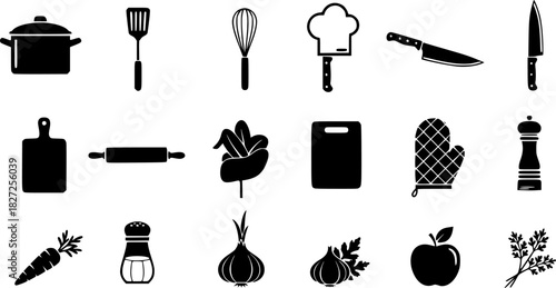Set of black cooking icons with steam and food silhouettes