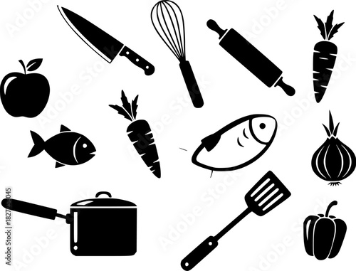 Set of black cooking icons with steam and food silhouettes