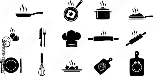 Set of black cooking icons with steam and food silhouettes