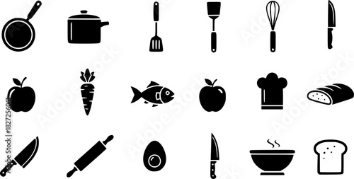 Silhouette icons of cooking utensils and ingredients for kitchen design