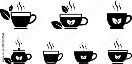 Minimalist tea icons set: herbal hot drink silhouettes with steam and leaves