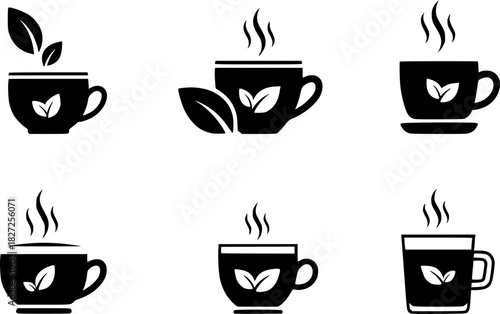 Minimalist tea icons set: herbal hot drink silhouettes with steam and leaves