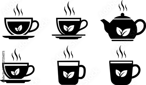 Minimalist tea icons set: herbal hot drink silhouettes with steam and leaves