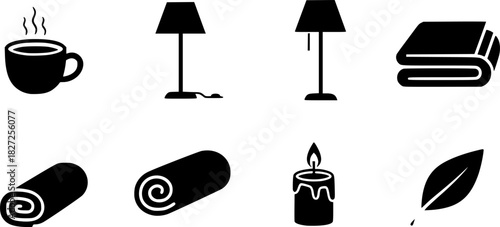 Minimalist cozy home icons: lamp, mug, blanket, candle, book, pillow silhouette