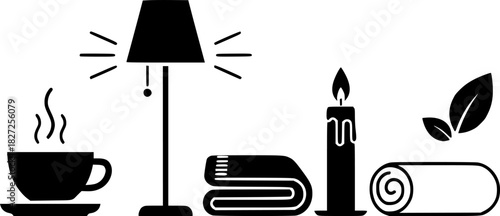 Minimalist cozy home icons: lamp, mug, blanket, candle, book, pillow silhouette