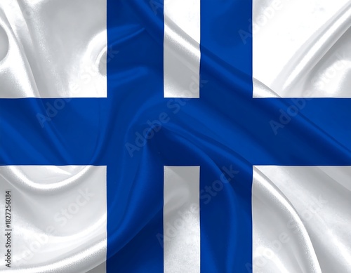 A close-up of a flag, featuring a blue cross on a white background. Silken fabric creates soft folds with a gentle light