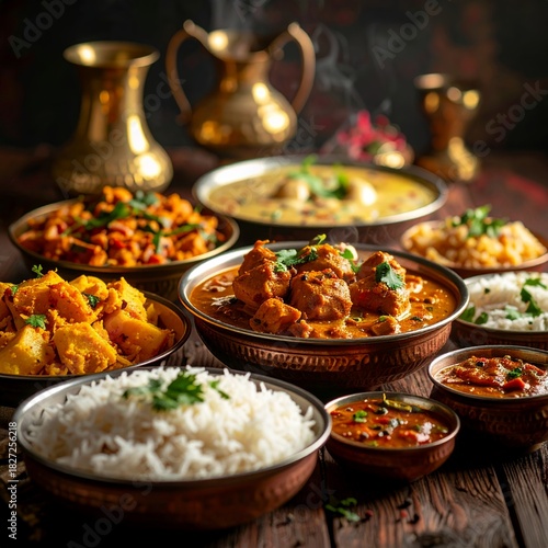 Aromatic Indian Feast with Variety of Curries and Rice on a Rustic Wooden Table.