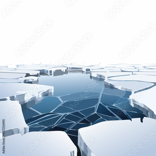 Ultra-realistic 3D frozen puddle with cracked ice texture, reflective surface, isolated transparent PNG.