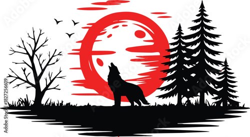 wolf howling scene with conifer trees red moon and water reflection