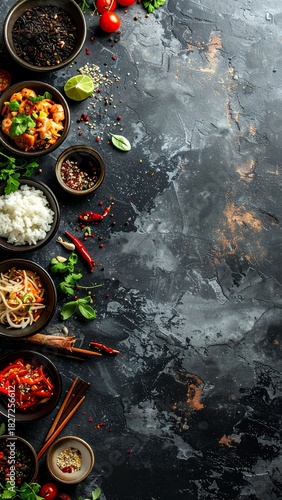 Assortment of vibrant Asian ingredients and dishes arranged artfully on a dark, textured background, ready for cooking or serving.