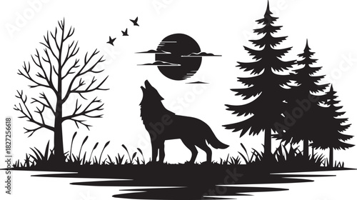 wolf silhouette by lake with trees birds and moon vector art