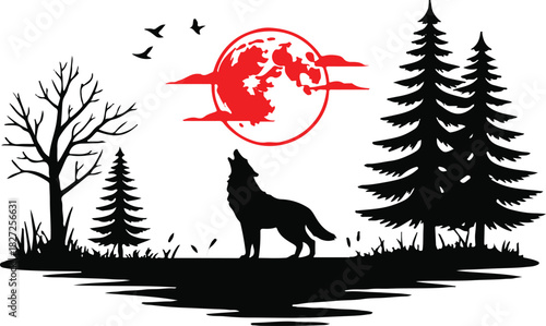 wolf lone figure on hill under full red moon night landscape vector