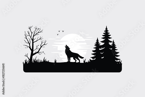 wolf howling at moon silhouette in forest reflection vector