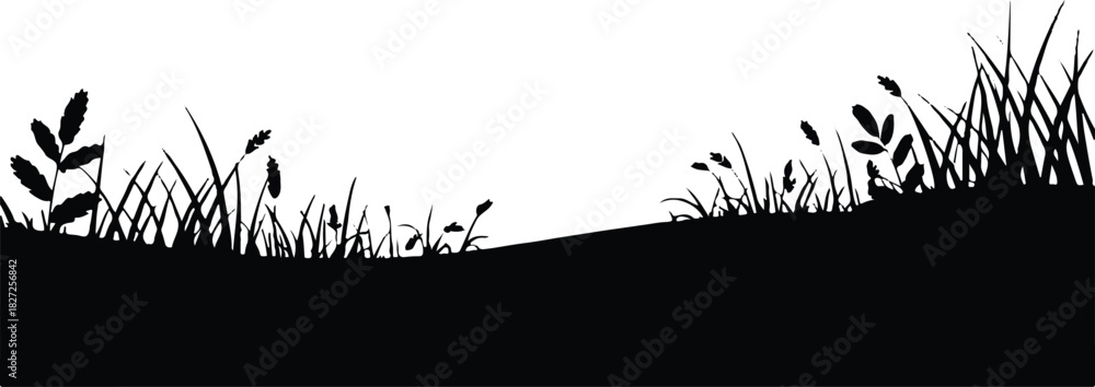 Naklejka premium landscape silhouette with grasses hills and pine trees vector