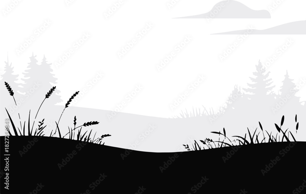 Naklejka premium landscape rolling hills meadow wheat and pine tree silhouette