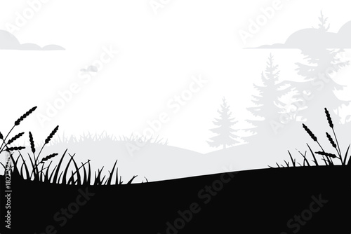 landscape monochrome meadow with grasses hills and pine trees