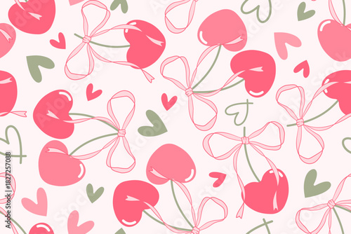 Valentine day valentine seamless pattern with cherry heart flower and bow design for fabric, cotton, wallpaper, satin all types of print textile and background