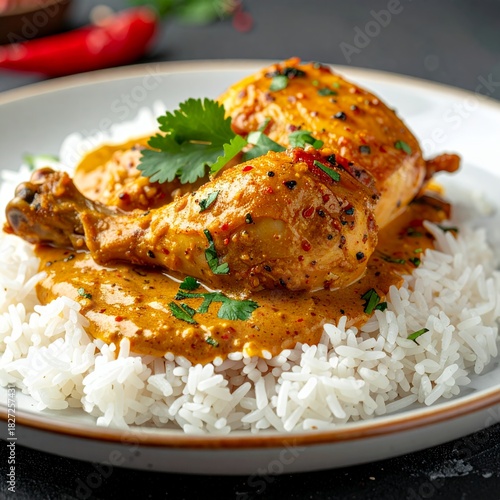 Delicious Chicken Curry with Rice and Fresh Cilantro.