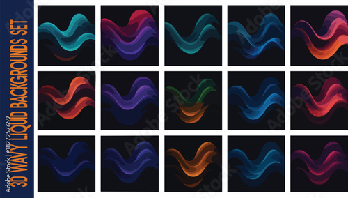 Vivid Wave Backgrounds Set: A collection of vibrant 3D wavy liquid backgrounds that radiate energy and movement, each showcasing a unique color palette, ready to enhance any design.
