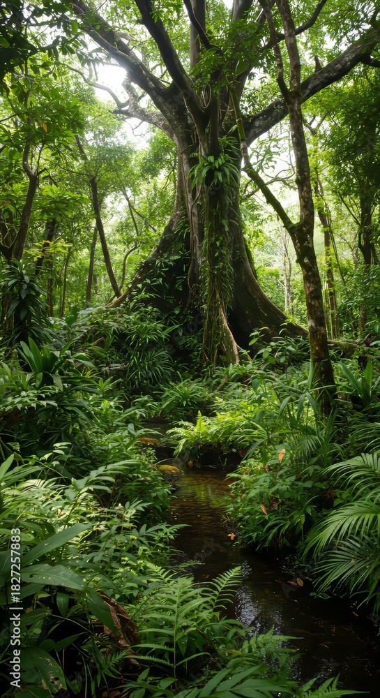 Obraz premium Rainforest Stream Flows Through Lush Jungle Canopy