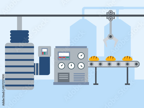 Automated food production food factory or food manufacturing facility. Food industry vector illustration. Flat illustration concept.