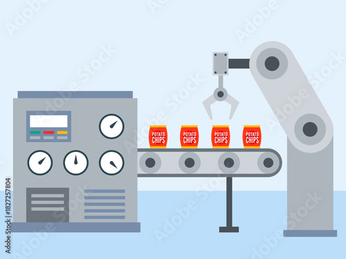 Automated production for packaging potato chips. Food industry vector illustration. Flat illustration concept.
