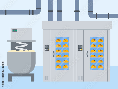 Industrial bakery production featuring a dough mixer and commercial-sized ovens. Food industry vector illustration. Flat illustration concept.