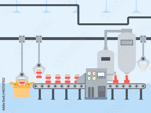 The process involves several automated steps an industrial jam processing and packaging. Food industry vector illustration. Flat illustration concept.
