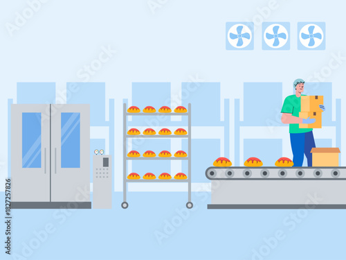 Scene inside an industrial bakery production facility showing the process of baking and packaging goods. Food industry vector illustration. Flat illustration concept.