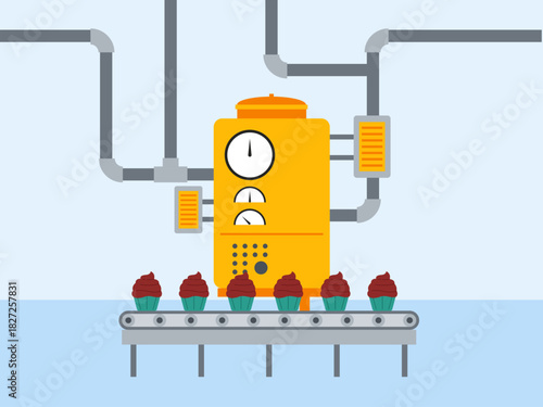 The conveyor belt is carrying six finished cupcakes with red frosting and teal wrappers.v Food industry vector illustration. Flat illustration concept.