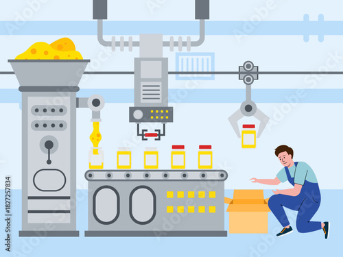 A factory worker in blue overalls is crouching in a cardboard box, seemingly packing the final products. Food industry vector illustration. Flat illustration concept.