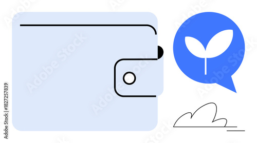 Wallet symbol alongside speech bubble with a sprouting plant and simple nature elements. Ideal for finance, savings, sustainability, eco-consciousness, investments, personal finance, and ethical