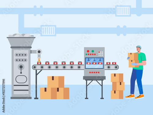 A worker is manual handling finished boxes at the end of the line, likely for palletizing or shipping. Food industry vector illustration. Flat illustration concept.