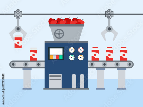 Apples are shown being loaded into a processing machine specifically a fruit juice production. Food industry vector illustration. Flat illustration concept.