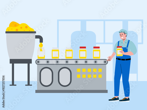 Food production in a factory setting, likely involving the processing and packaging of dairy products like cheese or a similar substance. Food industry vector illustration. Flat illustration concept.