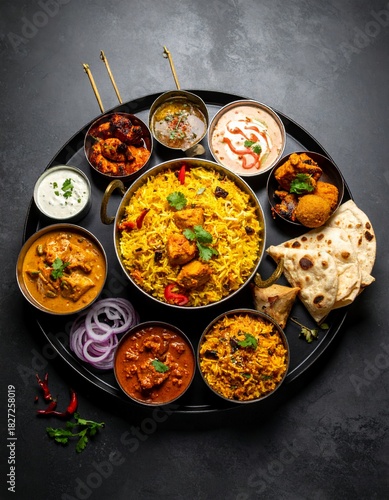 Delicious Indian Thali Platter with Biryani, Curries, and Naan Bread on a Dark Background.