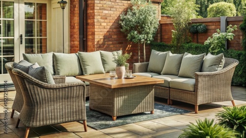 Classic rattan garden furniture adds a touch of elegance to a quaint London backyard