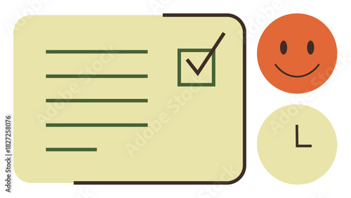 Form with checklist and tick mark, orange happy face, and clock icon. Ideal for workflow, productivity, time management, satisfaction, goal-setting, deadlines simple flat metaphor