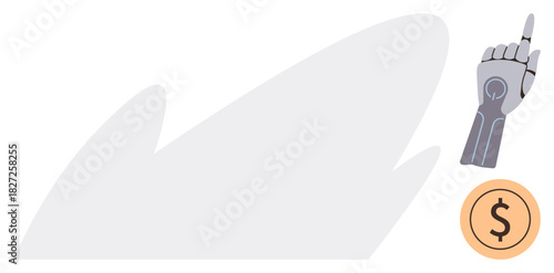 Robotic hand making a gesture above a currency coin. Ideal for technology, AI, finance, investment, innovation, automation, business. Shows simple flat metaphor for futuristic economy concepts