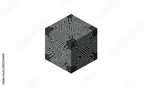 Futuristic cube featuring a circuit board design, symbolizing technological advancement, innovation, and digital solutions for modern business and industry