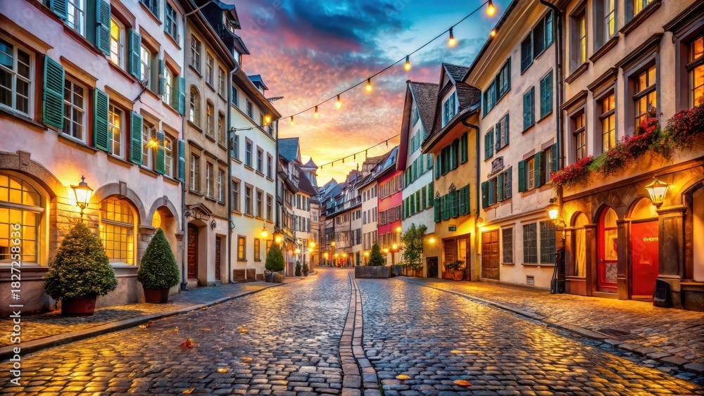 Fototapeta premium Historic Basels cobblestone street lined with colorful buildings and twinkling lights is bathed in warm autumn glow